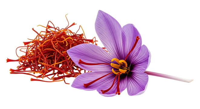 Saffron flower with dried red stigmas and stamens isolated on a transparent background crocus sativus