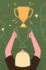 Person raising a golden trophy in celebration, symbolizing victory, success, and accomplishment.