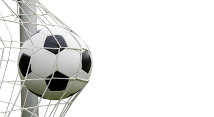 Soccer ball scoring a goal in a net with white ropes isolated on a transparent background football