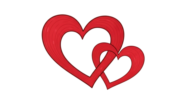 Two intertwined red hearts with a textured appearance and a subtle outline isolated on a transparent background - Powered by Adobe