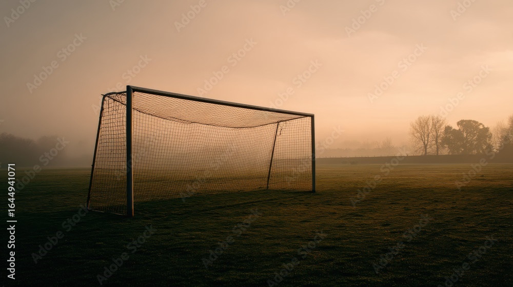 Poster Hazy Soccer Goal on Empty Field at Dusk with Soft Lighting