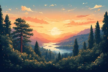 This illustration captures the breathtaking beauty of the Great Smoky Mountains National Park, straddling the border of Tennessee and North Carolina.