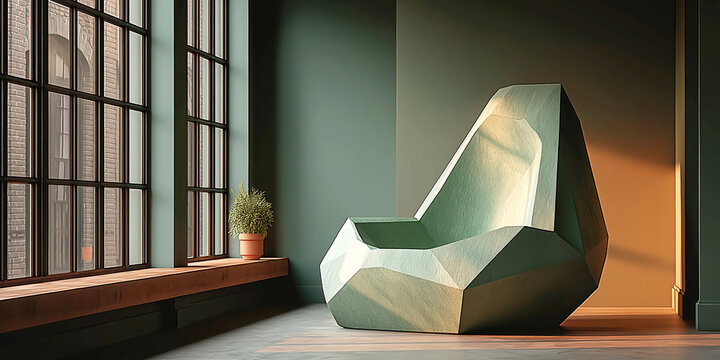 Modern Geometric Chair in Minimalist Interior with Large Windows - Powered by Adobe