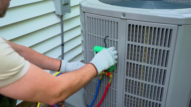HVAC service worker man diagnoses or repairs air conditioner compressor. HVAC Maintenance Service process. Cloese up