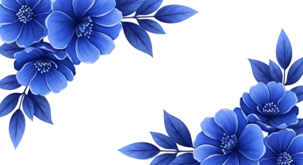 Vibrant blue flowers and leaves arranged in corners isolated on a transparent background floral botanical