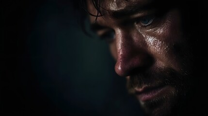 Obraz premium A man overcome with sorrow in the dark