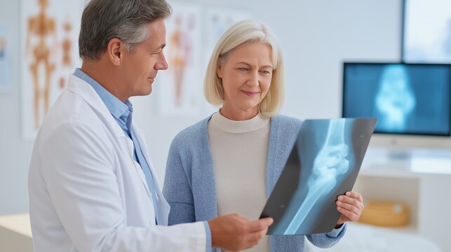 A mature male doctor in a white lab coat discusses a knee X-ray with a smiling senior female patient in a bright medical office, highlighting professional healthcare and patient communication