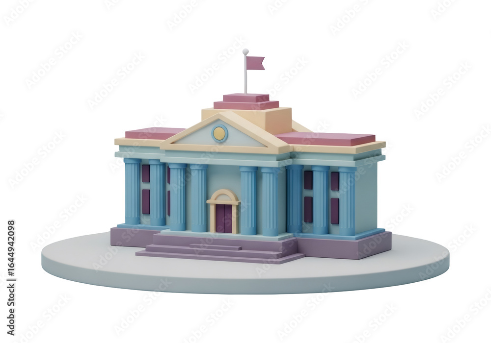 Poster pixelated government building with columns and a flag in 3d rendered isometric view on black backgro