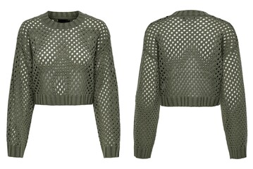 sweater Crochet for Woman wearing beige knitted cardigan with white background