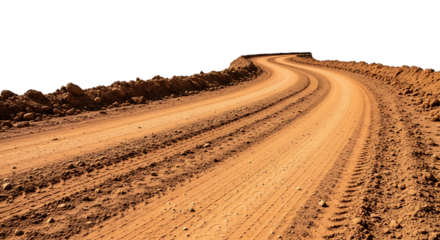 Winding dirt road with tire tracks and rough terrain isolated on a transparent background path