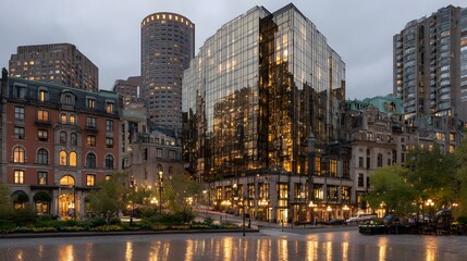 Modern and historic buildings converge in a city square at twilight.