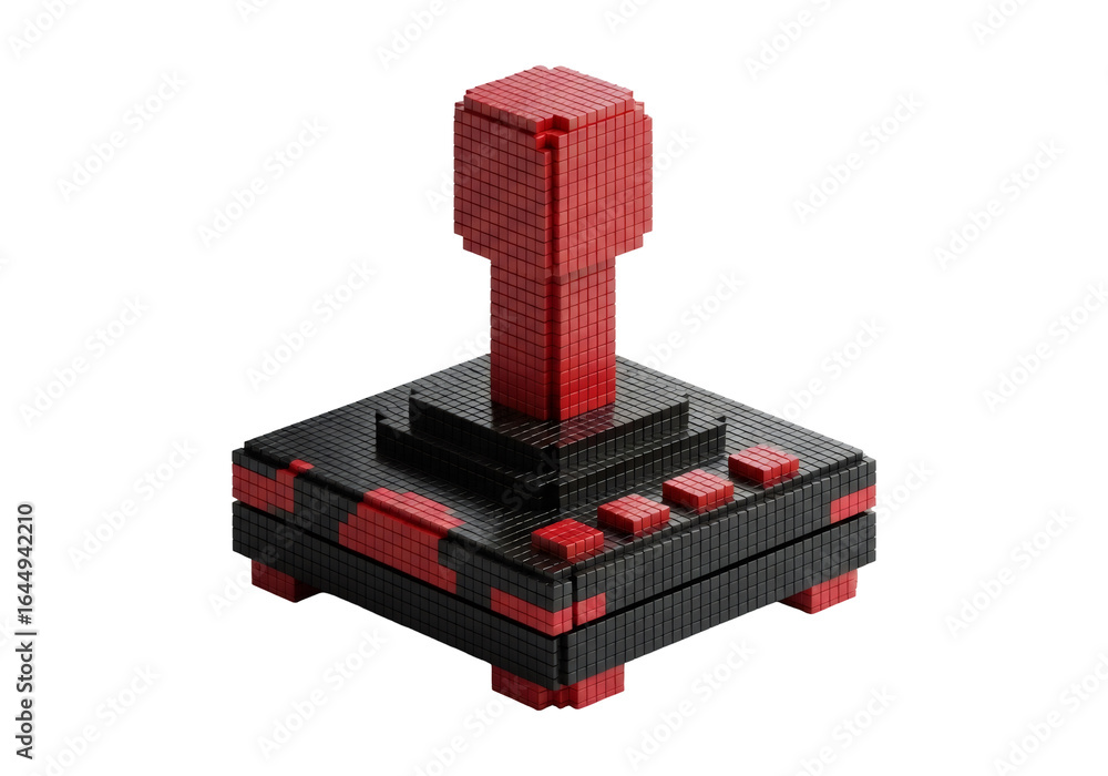 Poster pixelated isometric red and black joystick control device with a dark background featuring retro gam