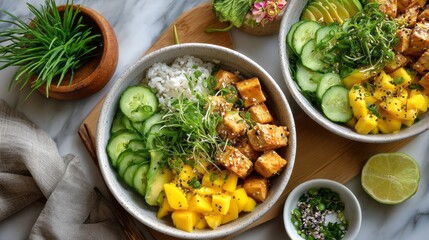 Overhead view of a vegan poke bowl with marinated tofu cubes, ripe mango chunks, cucumber ribbons and pickled vegetables arranged with vibrant edible flowers on a wooden board