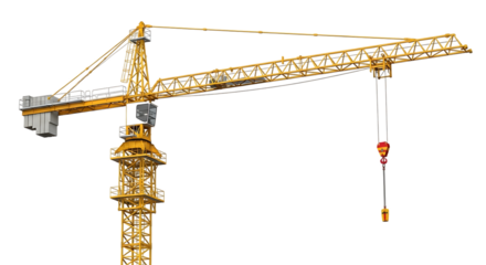 Yellow construction tower crane with hook and cables against a dark background isolated on a transparent background