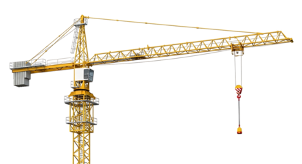 Yellow construction tower crane with hook and counterweights isolated on a transparent background construction crane