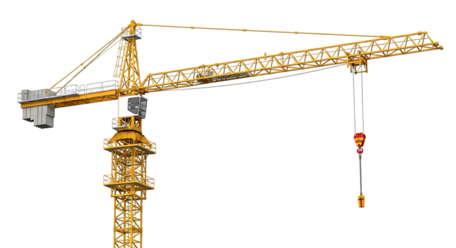 Yellow construction tower crane with hook and cables against a dark background isolated on a transparent background