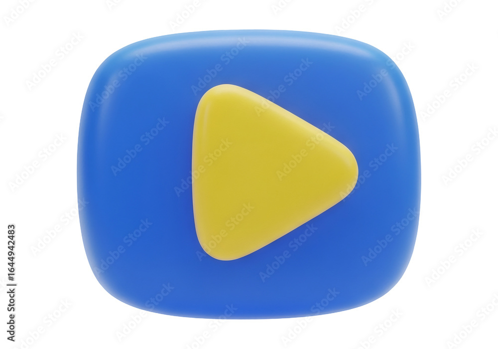 Poster play button 3d rendering in blue square with yellow arrow symbol in a transparent background