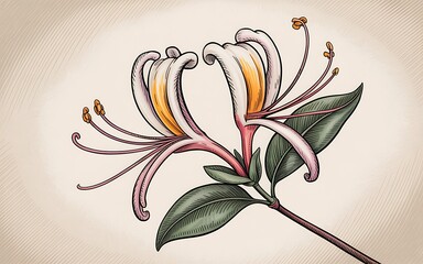 Two Pink And Yellow Honeysuckle Flowers With Green Leaves On Textured Background bloom blossom