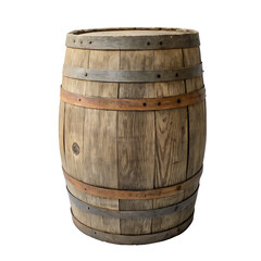 A single rustic wooden barrel for wine or beer isolated on a transparent background png