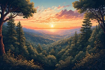Beautiful illustration of a landscape, green meadows, fields, trees and mountains. Beautiful landscape of mountains, forests and meadows at sunset. Beautiful landscape for print and design.