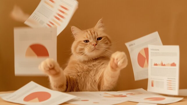A fluffy ginger cat tossing financial charts into the air, concept of office burnout or frustration, stress and work time - Powered by Adobe
