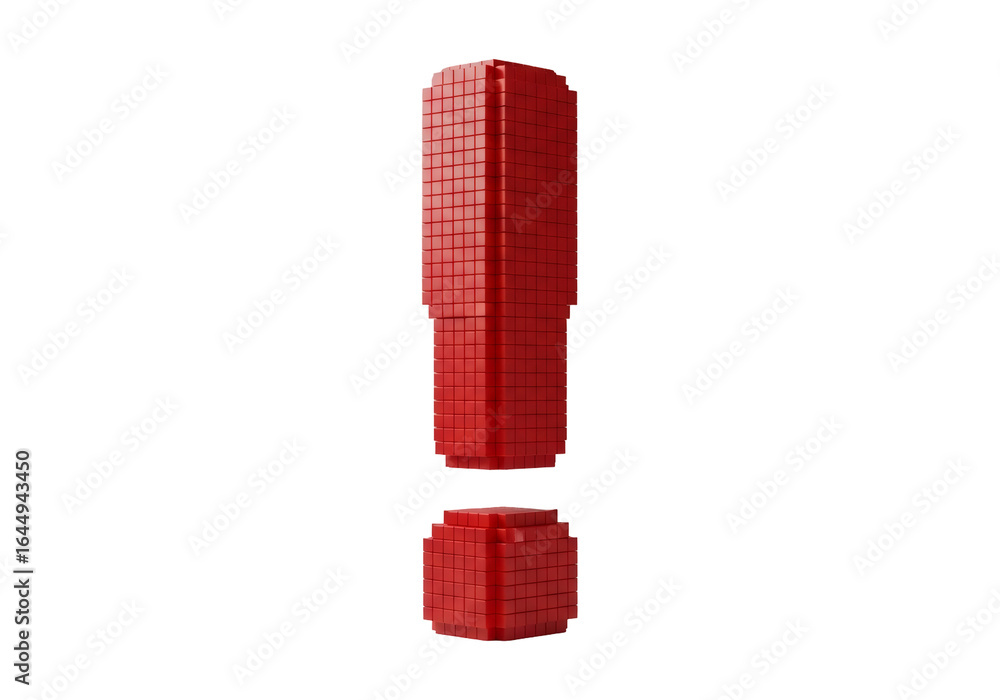 Poster red exclamation mark symbol 3d render on black background of pixelated cubes