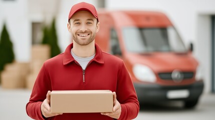 Smiling delivery courier in uniform holding a cardboard package outdoors, representing fast, reliable shipping and logistics services