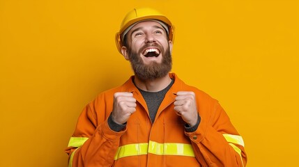 Construction worker wearing a bright orange safety jacket with reflective yellow stripes and a yellow hard hat, smiling broadly and raising clenched fists in celebration. Safety, teamwork, motivation