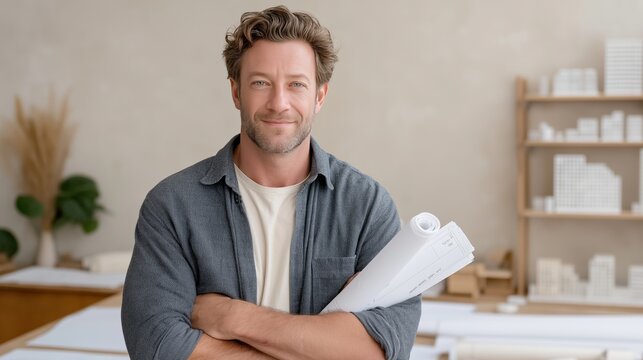 Confident African American male architect holding blueprints, smiling in a bright modern office. Ideal for construction, design, and business concepts