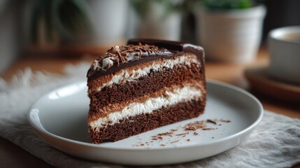 Slice of layered chocolate cake with cream filling and cocoa powder topping on a white plate in a rustic kitchen setting