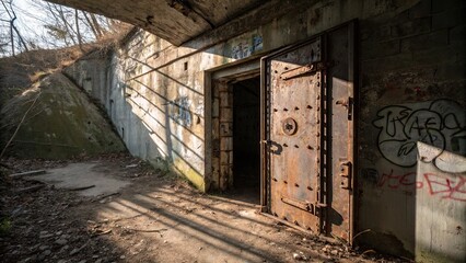 Abandoned bunker entrance with rusted door and graffiti