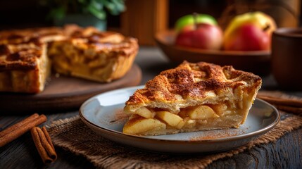 Close-up of a slice of homemade apple pie with a golden crust, tender apples and cinnamon on a rustic wooden table with a blurred apple in the background