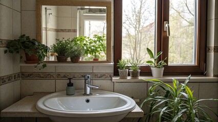 Serene bathroom with plants and natural light