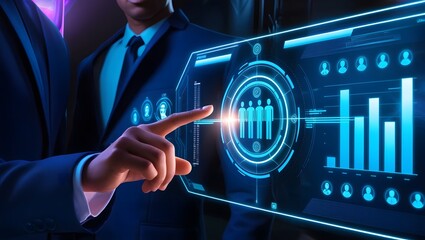 Businessman interacting with a futuristic holographic interface displaying data analytics and human resource metrics
