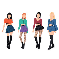Obraz premium Flat design illustration of five fashionably dressed women, showcasing various outfits and styles.