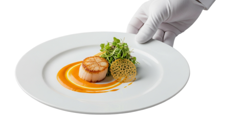 Seared scallop on a white plate held by a gloved hand