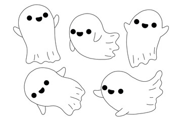 Cartoon cute ghost set. Halloween cartoon little house ghost in cute kawaii style. funny smiling samhain ghosts set, spirit and sweets isolated on black background. trick or treat stock cartoon image.