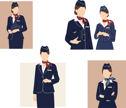 Five stylized illustrations of female flight attendants in uniform, showcasing various poses and accessories.