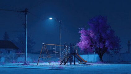 Nighttime playground scene; empty swings, slide, climbing frame, and a vibrant purple tree under a single, bright lamppost; cool blue tones
