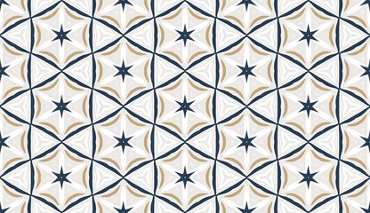 Seamless pattern of vintage blue flowers on a retro geometric backdrop, perfect for textile and wallpaper design