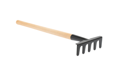 Garden rake with long wooden handle for landscaping and farming isolated on white background