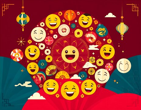 Festive circular design with happy faces and Asian-inspired elements