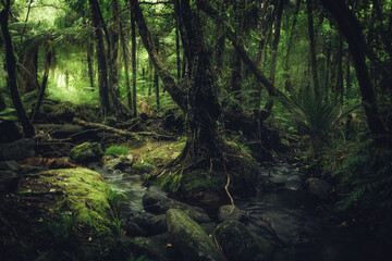 virgin forest on the Coromandel peninsula in New Zealand. This forest is part of the Cookson Kauri walk near the town of Thames.
