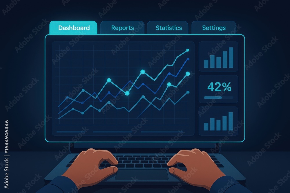Aufkleber data analytics dashboard showing interactive graphs, reports and progress metrics on dark interface