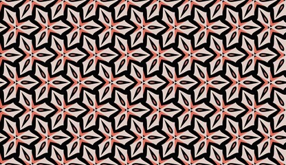 Seamless pattern with geometric shapes, hearts, and flowers forms an ornamental textile design