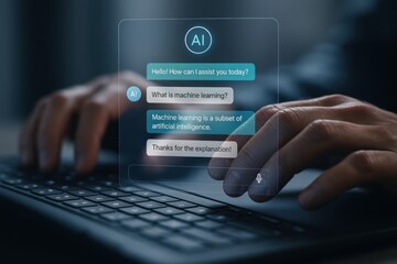AI Chatbot Interface on Laptop Showing Text Conversation Explaining Machine Learning Basics

