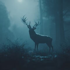 Naklejka premium Blue-toned silhouette of a stag with antlers standing in misty forest clearing under soft morning light creating ethereal dreamy atmosphere