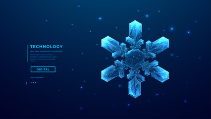 Digital blue snowflake on a technology background. Merry Christmas and Happy New Year, design element for winter holidays presentations, web banners, and covers. Abstract vector illustration.