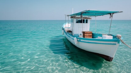 Obraz premium Fishing boat anchored in crystal clear waters tropical paradise travel photography serene environment aerial view adventure