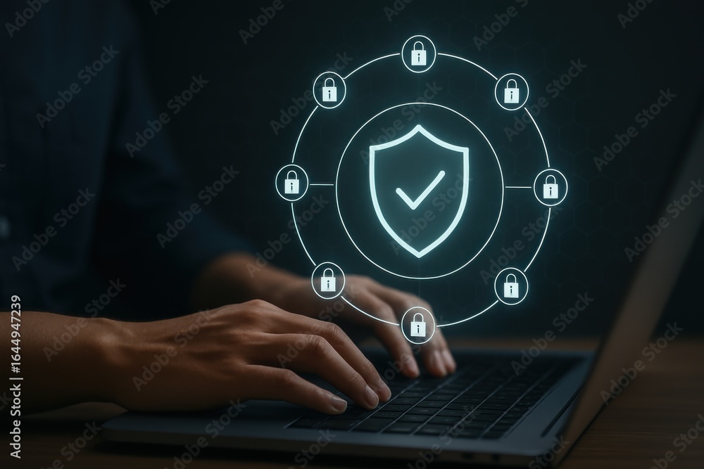 Poster cybersecurity interface displaying shield icon with locked connections around laptop user